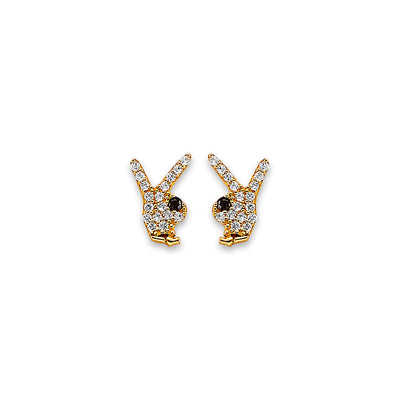 14K Yellow Gold Rabbit CZ Stud Earrings With Screw Back