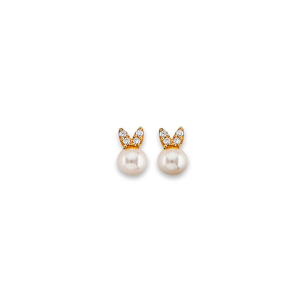 14K Yellow Gold Pearl CZ Stud Earrings With Screw Back