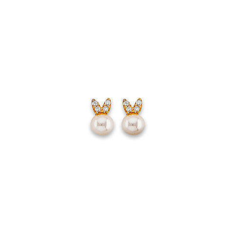 14K Yellow Gold Pearl CZ Stud Earrings With Screw Back