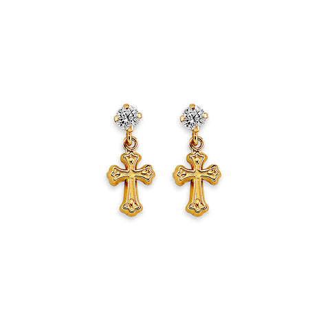 14K Yellow Gold CZ Cross Stud Earrings With Screw Back