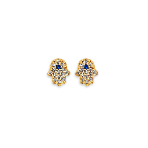 14K Yellow Gold CZ Hamsa Stud Earrings With Screw Back