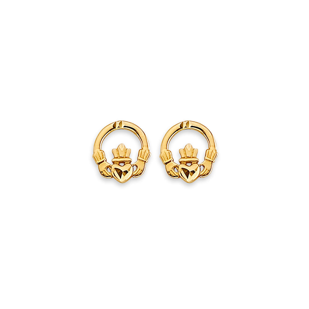 14K Yellow Gold Claddagh Stud Earrings With Screw Back