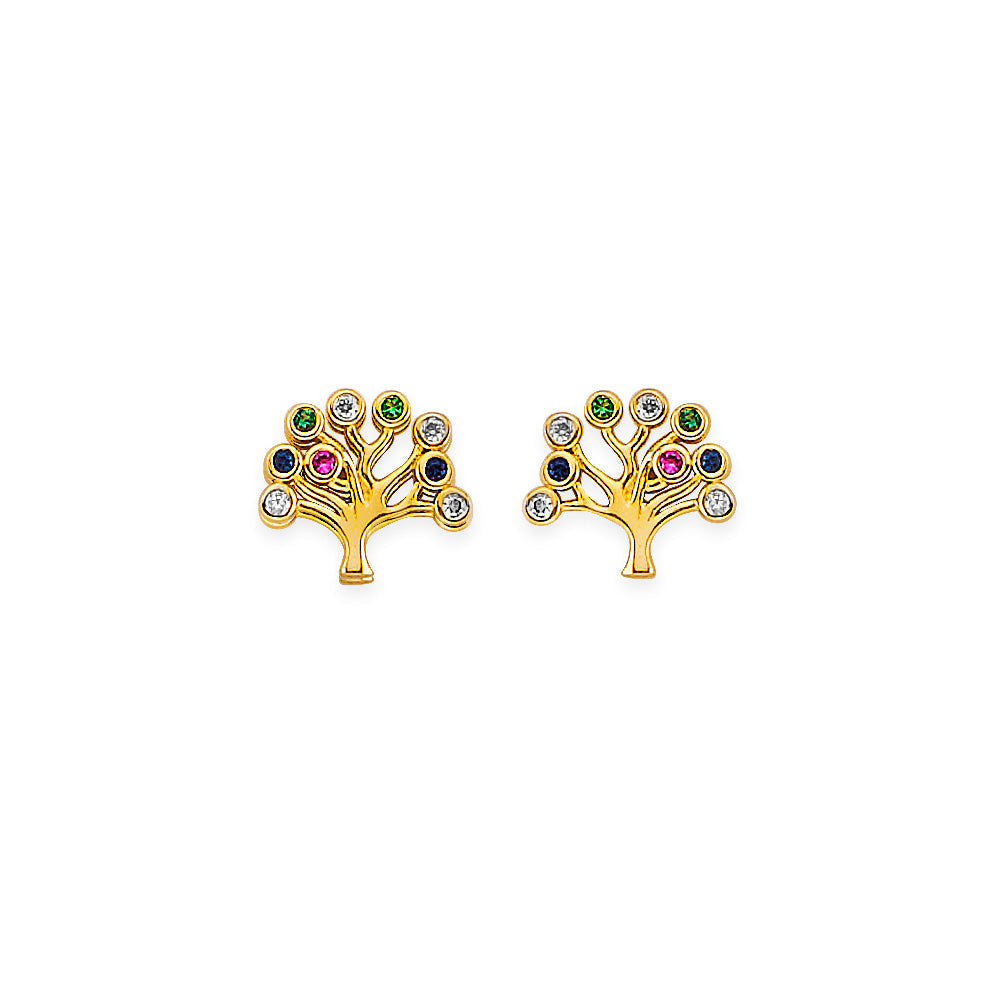 14K Yellow Gold Tree Of Life CZ Stud Earrings With Screw Back