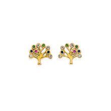 Load image into Gallery viewer, 14K Yellow Gold Tree Of Life CZ Stud Earrings With Screw Back