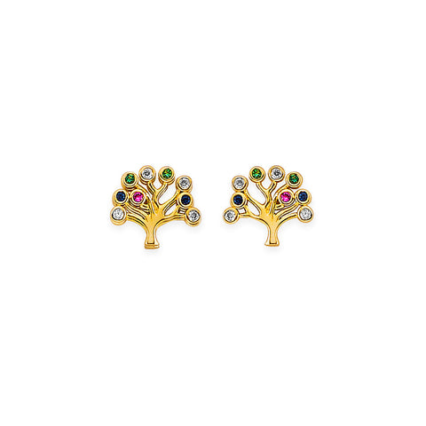 14K Yellow Gold Tree Of Life CZ Stud Earrings With Screw Back