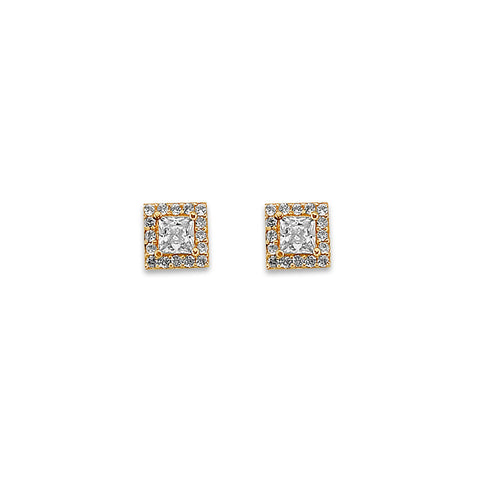 14K Yellow Gold Square Cluster CZ Stud Earrings With Screw Back