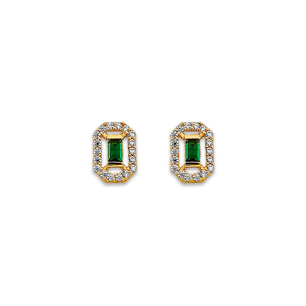 14K Yellow Gold Green CZ Stud Earrings With Screw Back