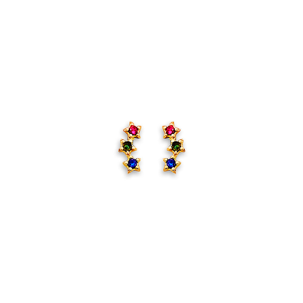 14K Yellow Gold 3 Stars CZ Stud Earrings With Screw Back