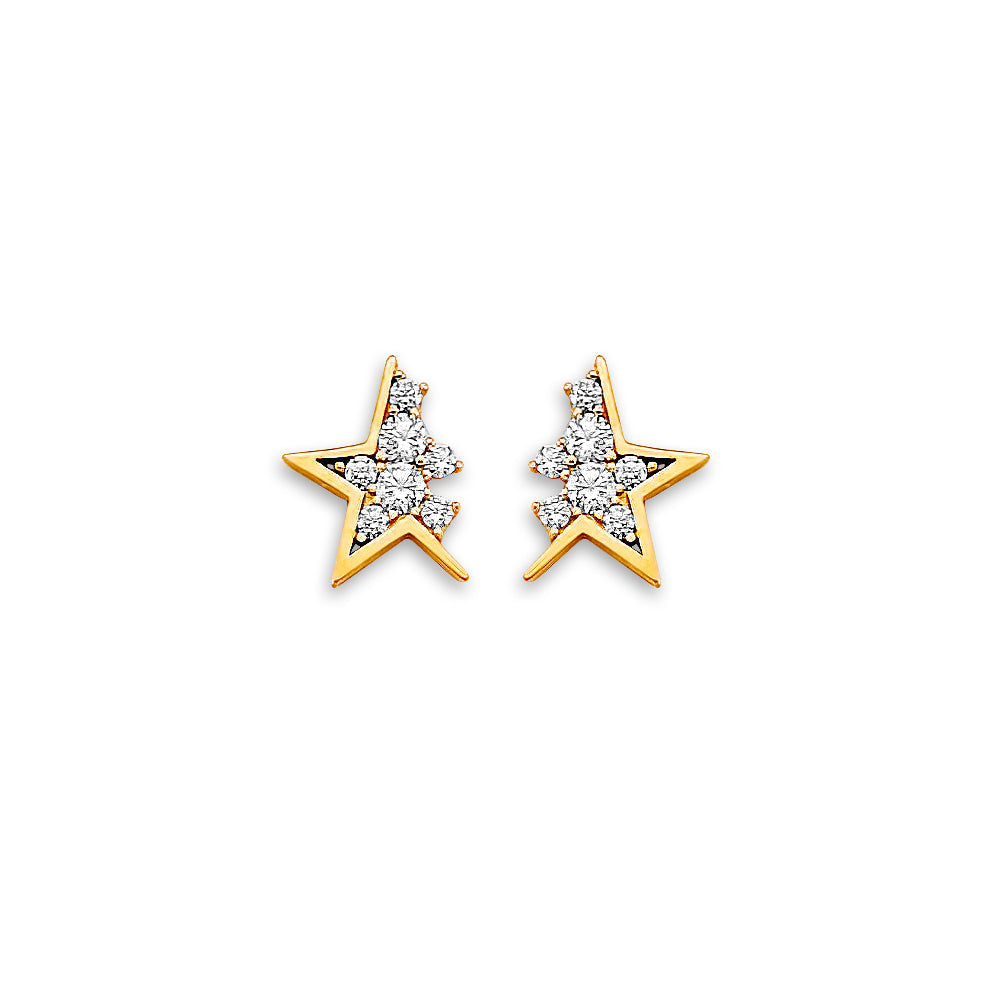 14K Yellow Gold CZ Star Stud Earrings With Screw Back