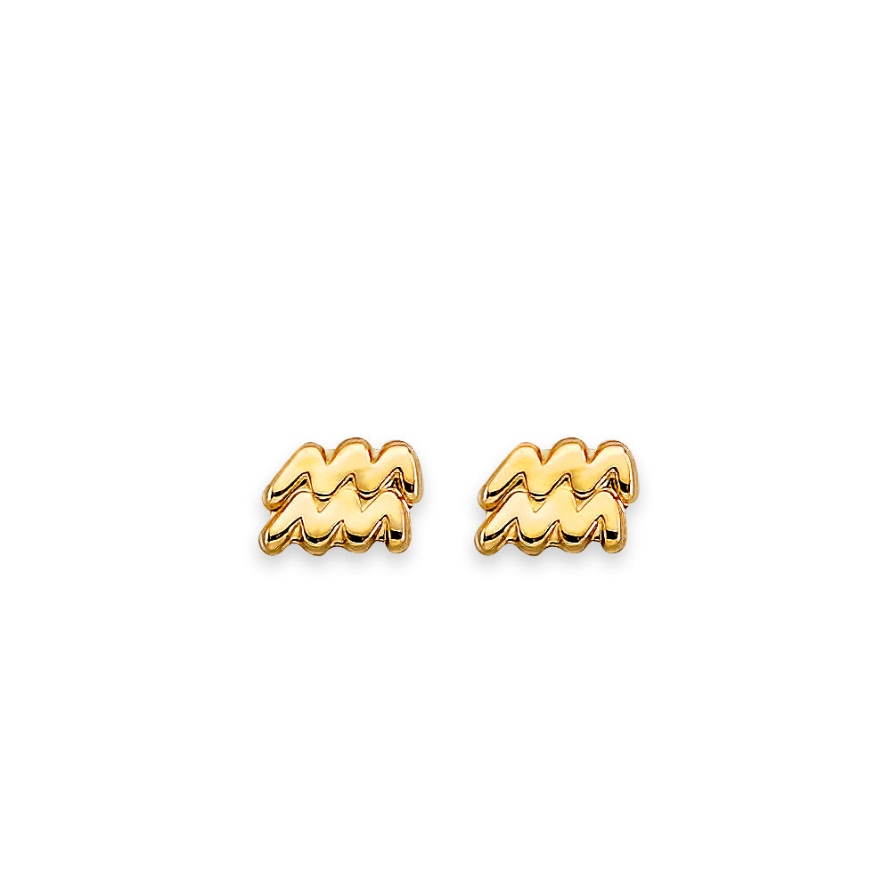 14K Yellow Gold Zodiac Aquarius Stud Earrings With Screw Back