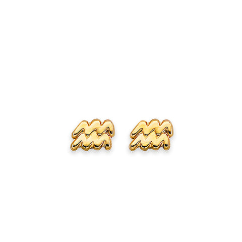 14K Yellow Gold Zodiac Aquarius Stud Earrings With Screw Back