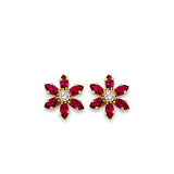 14K Yellow Gold Red Flower CZ Stud Earrings With Screw Back