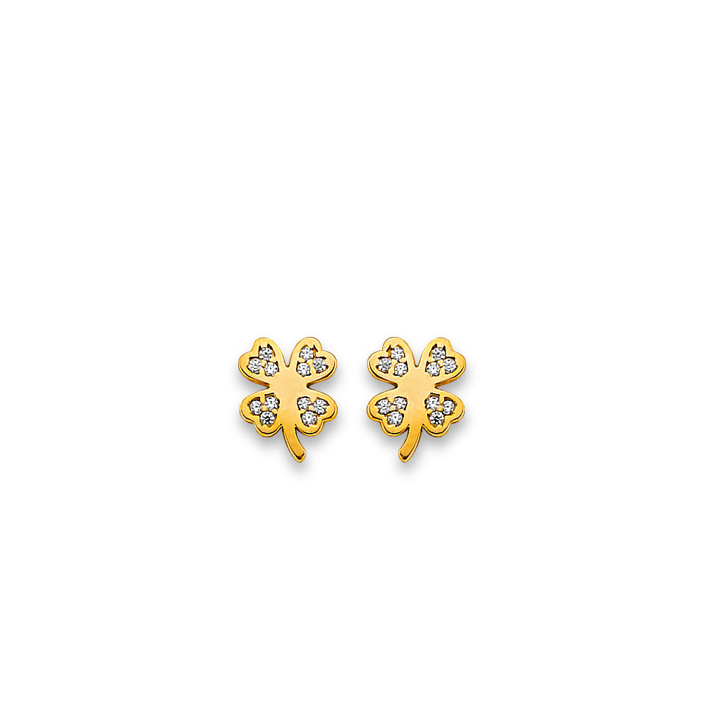 14K Yellow Gold Clover CZ Stud Earrings With Screw Back