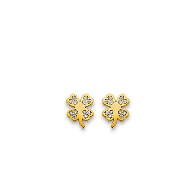 14K Yellow Gold Clover CZ Stud Earrings With Screw Back