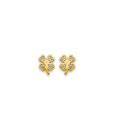 14K Yellow Gold Clover CZ Stud Earrings With Screw Back