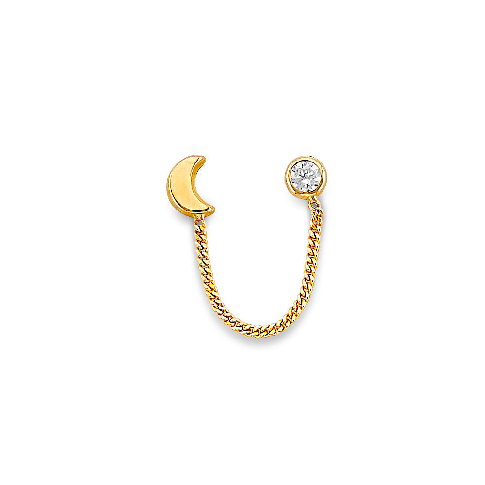 14K Yellow Gold Moon CZ Crawler Stud Earrings With Screw Back