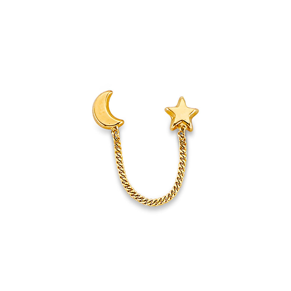 14K Yellow Gold Star And Moon Crawler Stud Earrings With Screw Back