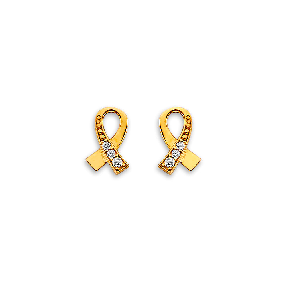 14K Yellow Gold Cancer Ribbon CZ Stud Earrings With Screw Back