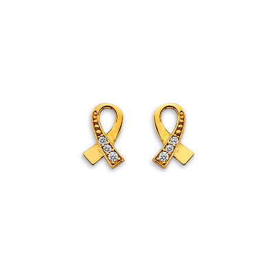 14K Yellow Gold Cancer Ribbon CZ Stud Earrings With Screw Back