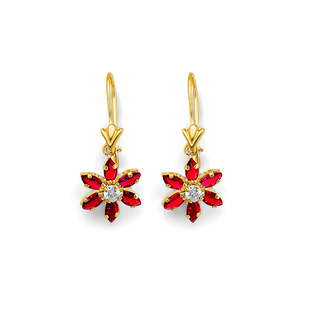 14K Yellow Gold Flower CZ Wire Hook Stud Earrings