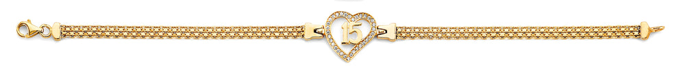 14K Two Tone Gold CZ 15 Years Heart Bracelet