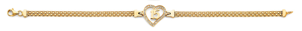 14K Two Tone Gold CZ 15 Years Heart Bracelet