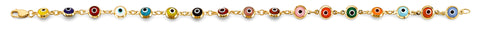 14K Yellow Gold Multi Color Evil Eye Bracelet