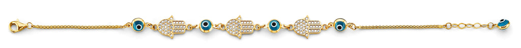 14K Yellow Gold CZ Evil Eye And Hamsa Center Bracelet