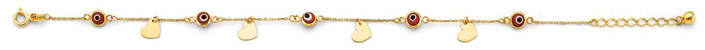 14K Yellow Gold Red Evil Eye And Heart Charms Bracelet