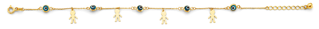 14K Yellow Gold Blue Evil Eye And Boy Charms Bracelet