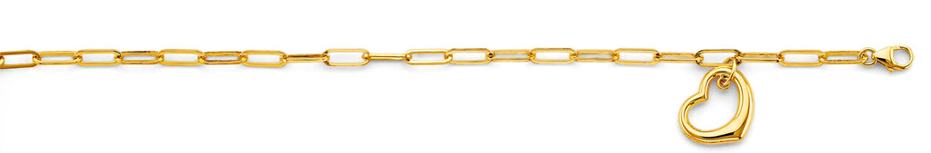 14K Yellow Gold Dangling Heart Paperclip Bracelet