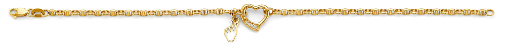 14K Yellow Gold CZ Heart With Finger Heart Charm Bracelet