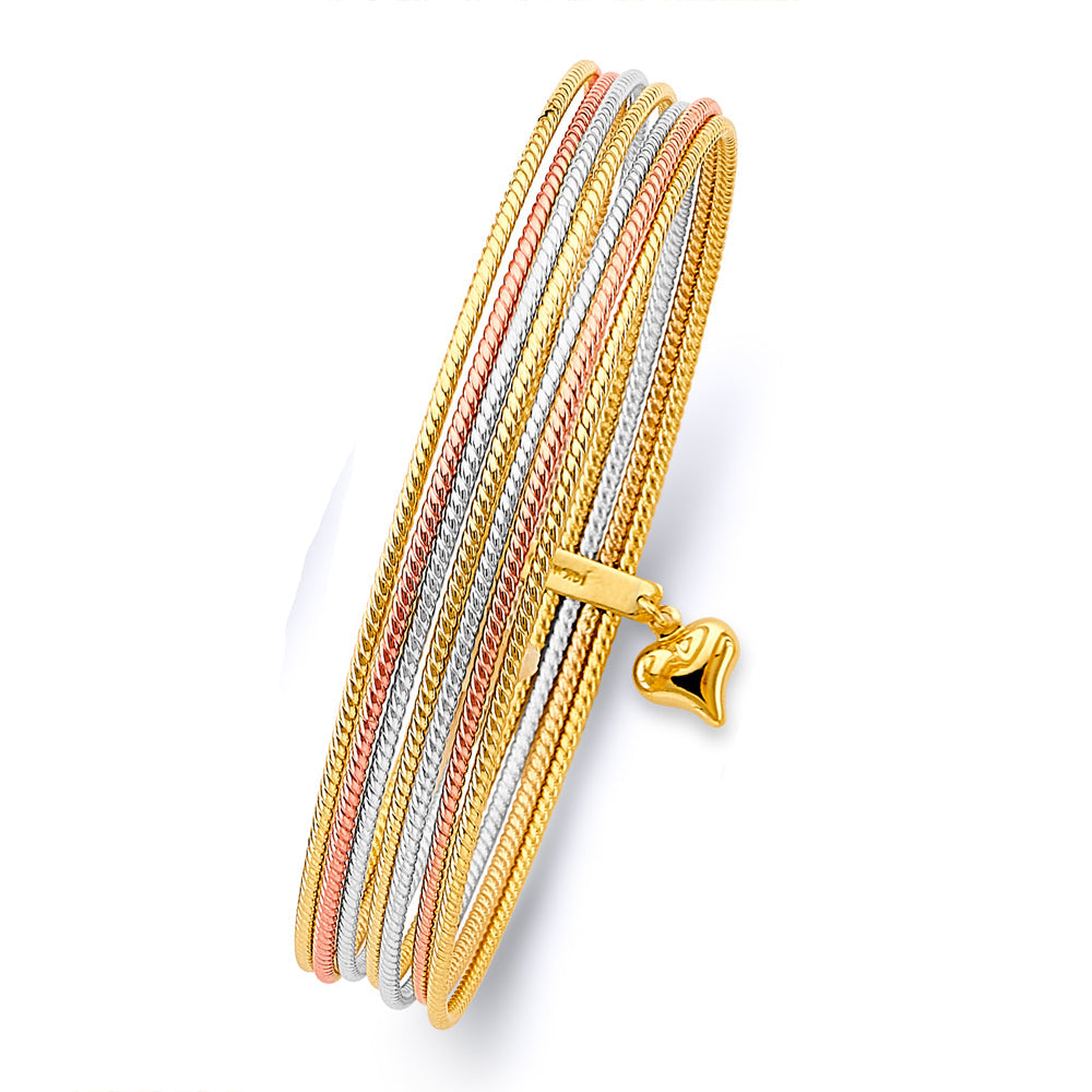 14K Tri Color Gold 7Days Hollow Bangle with Heart