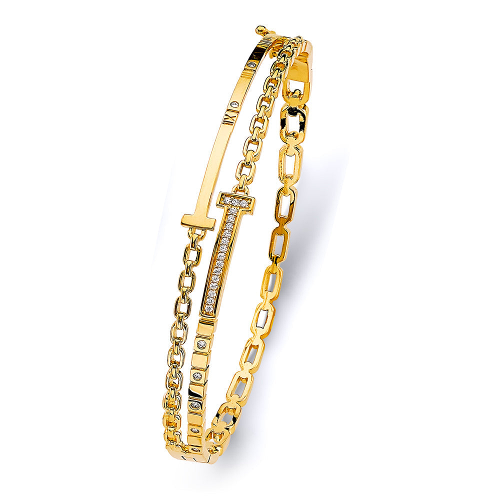 14K Yellow Gold 2 Lines T-Shape Oval Bangle With CZ