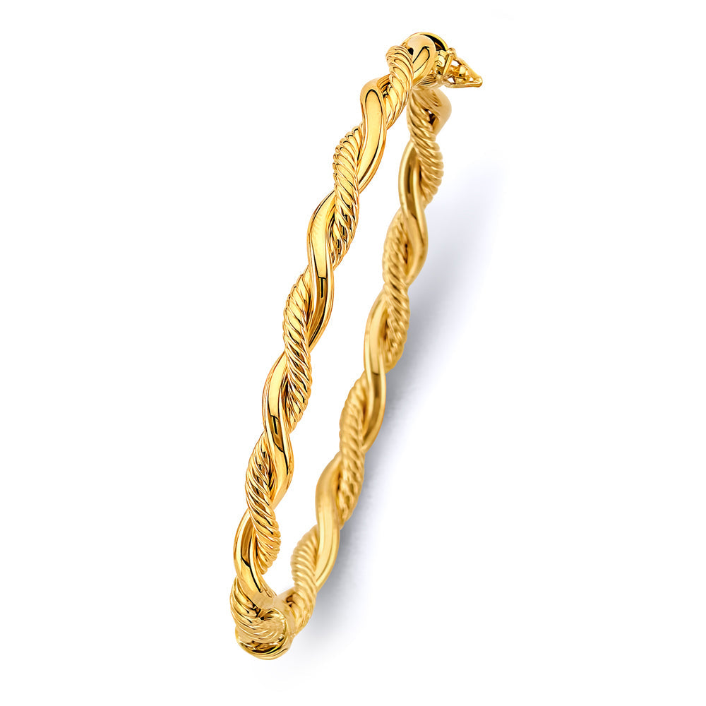 14K Yellow Gold Round Tube Hollow Braided Oval Bangle