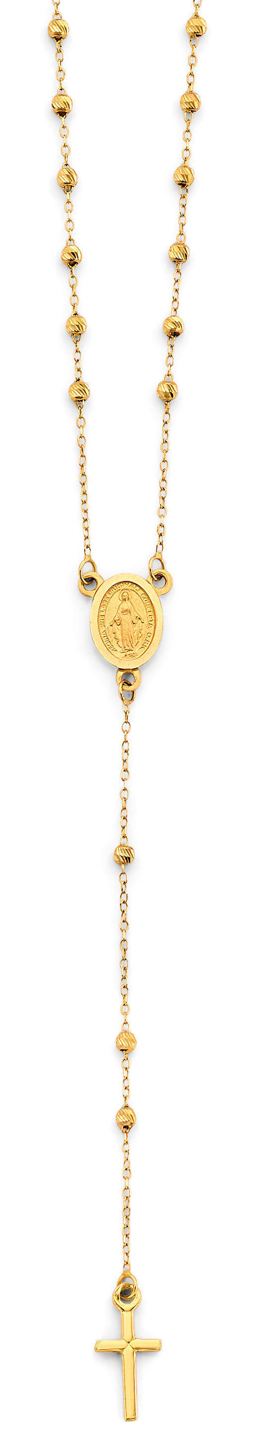 14K Yellow Gold 2mm DC Ball Rosary Necklace With Virgin Mary