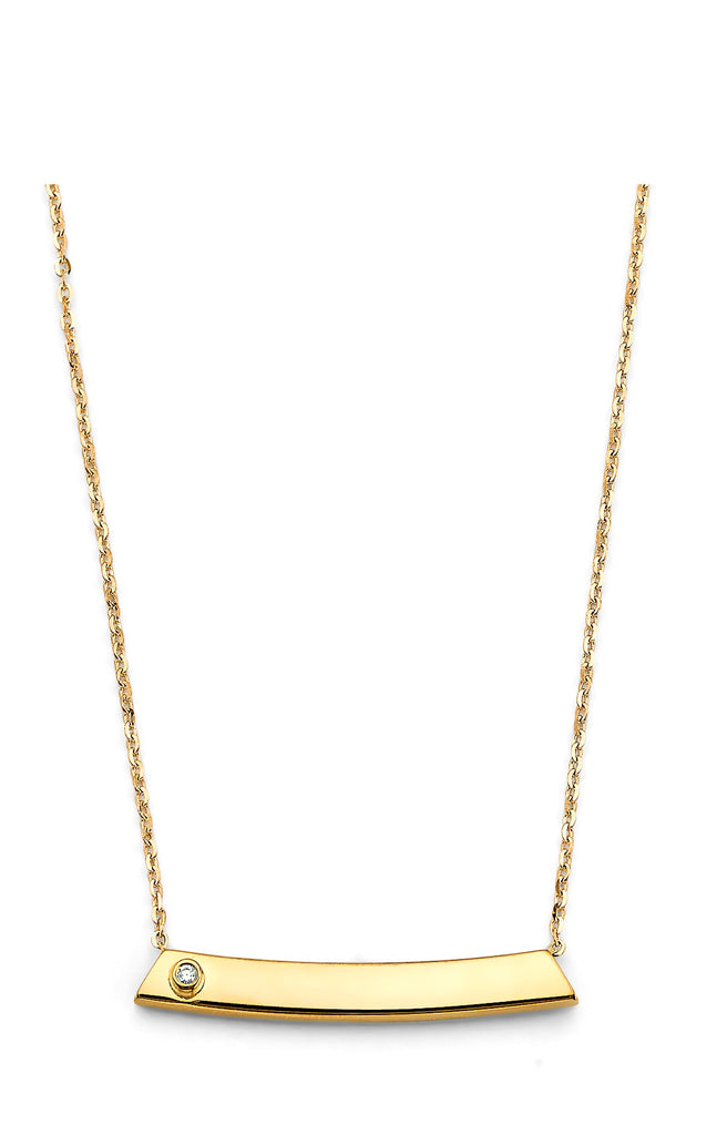 14K Yellow Gold Curved CZ Square Engravable Bar Necklace