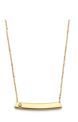 14K Yellow Gold Curved CZ Square Engravable Bar Necklace
