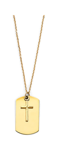 14K Yellow Gold Engravable Dog Tag With Cross Necklace