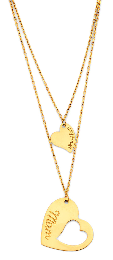 14K Yellow Gold Mom And Daughter Heart Necklace