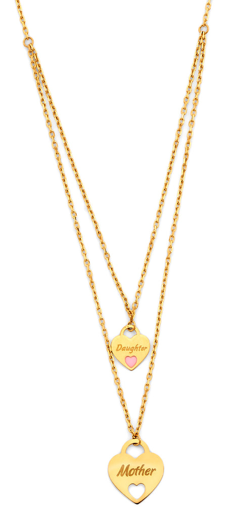 14K Yellow Gold Heart Shape Mom And Daughter Necklace