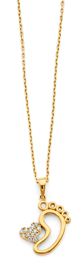 14K Yellow Gold CZ Heart And Baby Foot Necklace