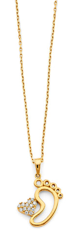 14K Yellow Gold CZ Heart And Baby Foot Necklace