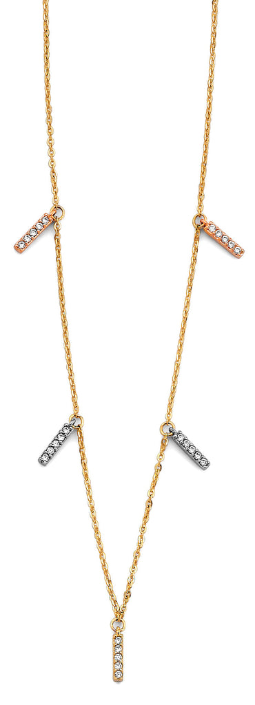 14K Yellow Gold Tri Color CZ Bar Necklace