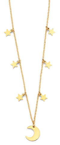 14K Yellow Gold Moon And Stars Necklace