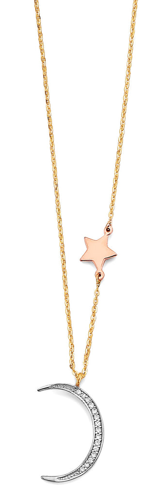 14K Tri Color Gold CZ Moon And Star Necklace