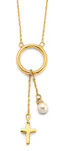 Load image into Gallery viewer, 14K Yellow Gold Circle Necklace With Hanging Cross And Pearl