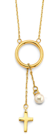 14K Yellow Gold Circle Necklace With Hanging Cross And Pearl