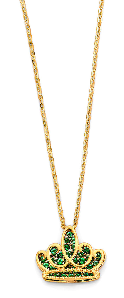 14K Yellow Gold Green CZ Crown Necklace