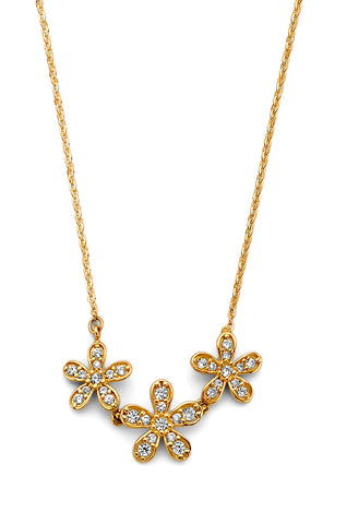 14K Yellow Gold CZ 3 Flowers Necklace